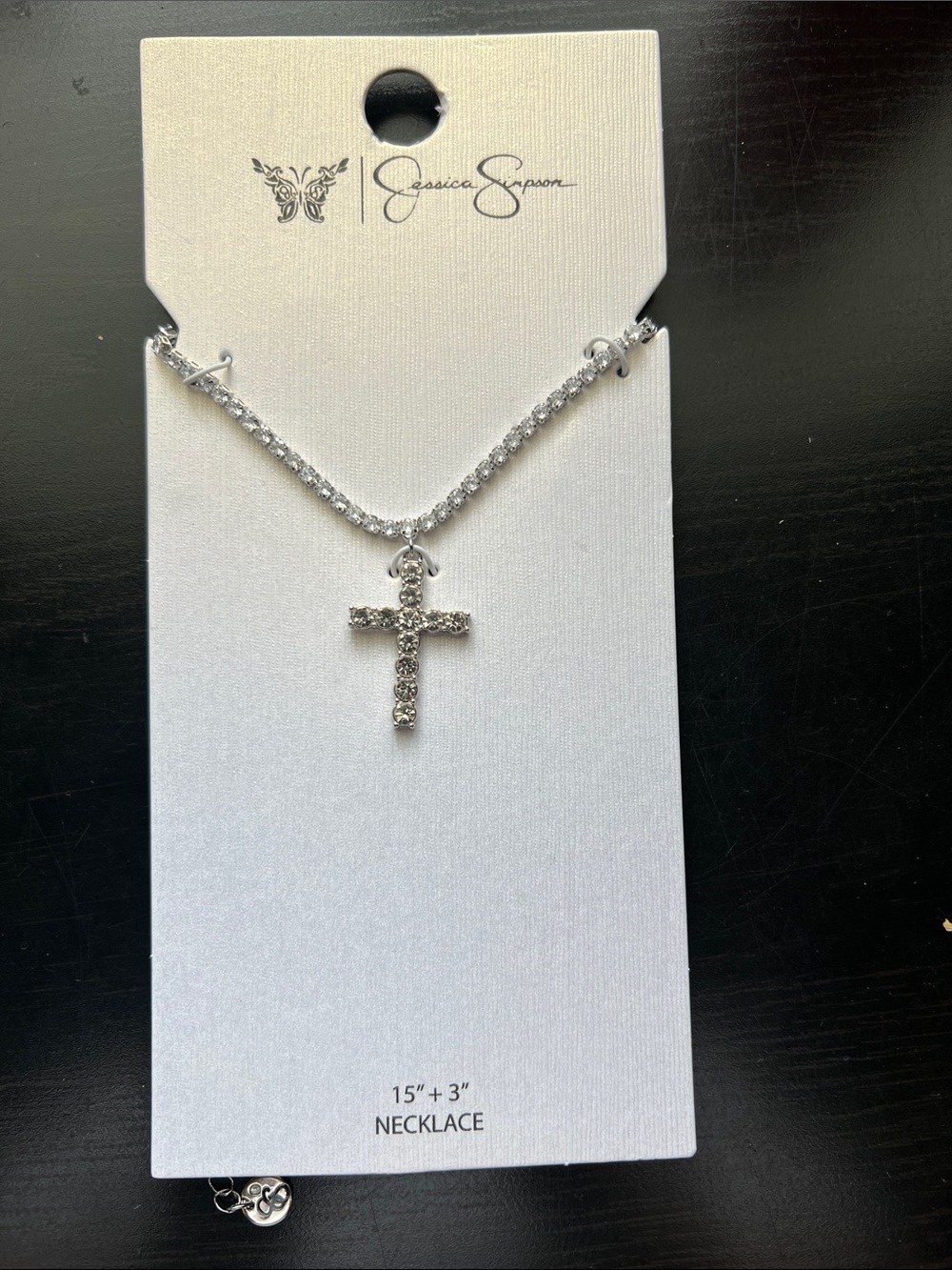 New Jessica Simpson Silver Crystal Cross Necklace - 15" + 3"